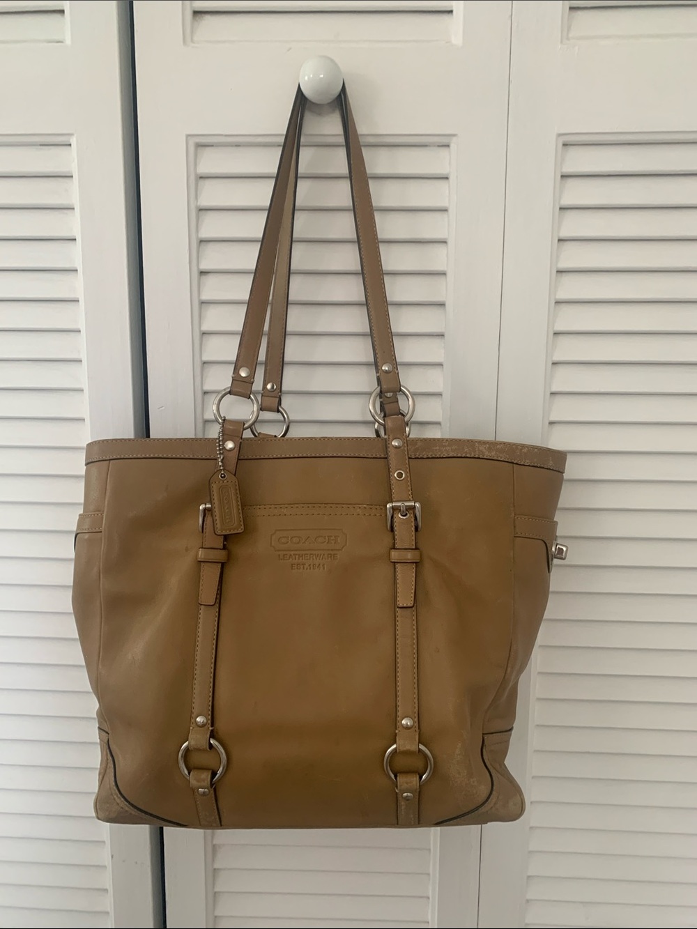 Vintage Coach Tan Leather Tote with silver metal Buckle-Strap Details